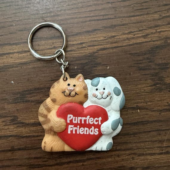 Vintage Purrfect Friends Dog Cat Heart Keychain Novelty Kitch