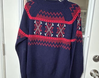 Jersey de esquí nórdico vintage para hombre, rojo y azul marino, talla grande, Cabincore.