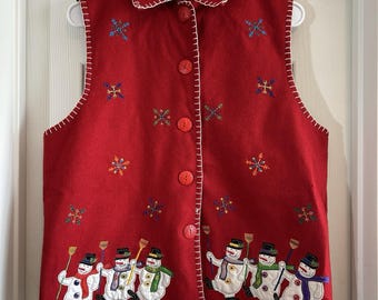 Vintage Carrie Allen Red Wool Blend Christmas Vest Size L Snowman Embroidered