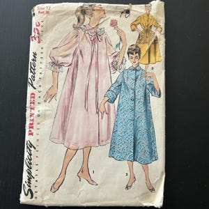 May include: A vintage Simplicity sewing pattern envelope for size 12, bust 30. The front features illustrations of three garments: a light pink robe with lace trim, a blue patterned coat with buttons, and a yellow coat with large pockets.
