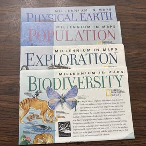 Puede incluir: Una pila de cuatro pósteres de National Geographic Millennium in Maps titulados Physical Earth, Population, Exploration y Biodiversity. Cada póster presenta texto temático, ilustraciones de animales como un tigre y una mariposa, y el logotipo.