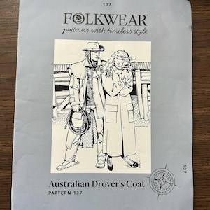 May include: A Folkwear pattern for an Australian Drover's Coat, pattern 137. The cover features a black and white illustration of a man and woman in coats, with the man holding a rope. The Folkwear logo and text are at the top.