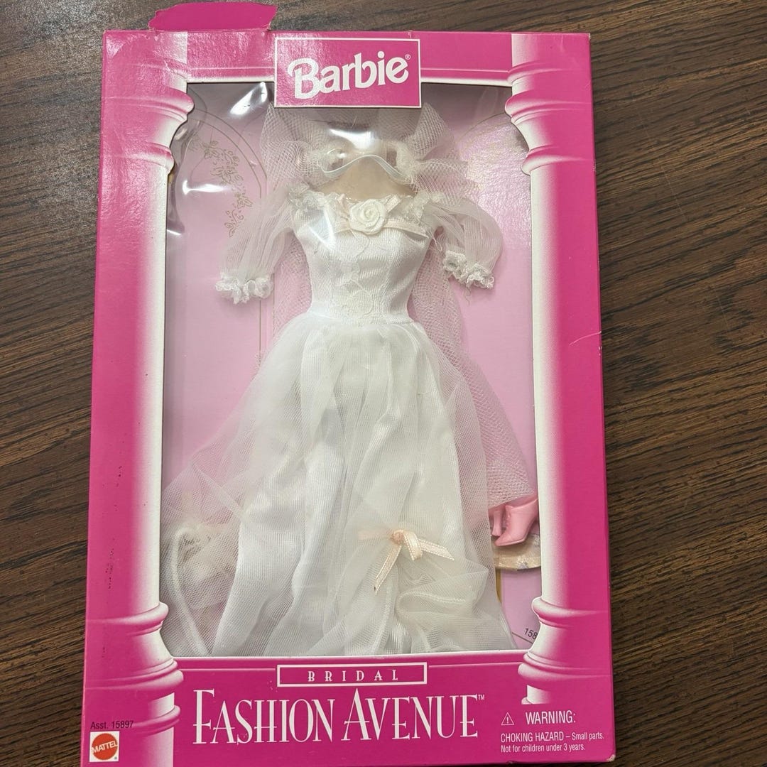 Vintage 1996 Barbie Fashion Avenue Wedding Gown Pink Ribbons Shoes