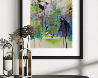 May include: An abstract painting in a black frame featuring layered splashes of bright green, teal, and purple paint with dark ink drips and scribbled blue lines. The composition includes geometric shapes and textured marks on a light background.