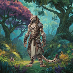 May include: An illustration of a humanoid leopard-like creature standing in a lush forest. The creature has spotted fur, wears armor, and has a long tail. The forest is filled with vibrant green foliage, purple flowers, and large trees.