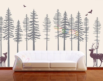 Pine Tree Forest Wall Decals, Forest Mural, Forest Scene Decals, Woodland Wall Decals, Nursery Wall Decal, (12 trees) DC0123