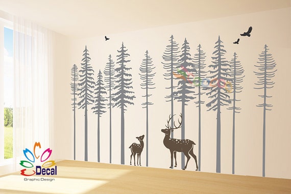 pine tree forest wall decals forest mural forest scene | etsy