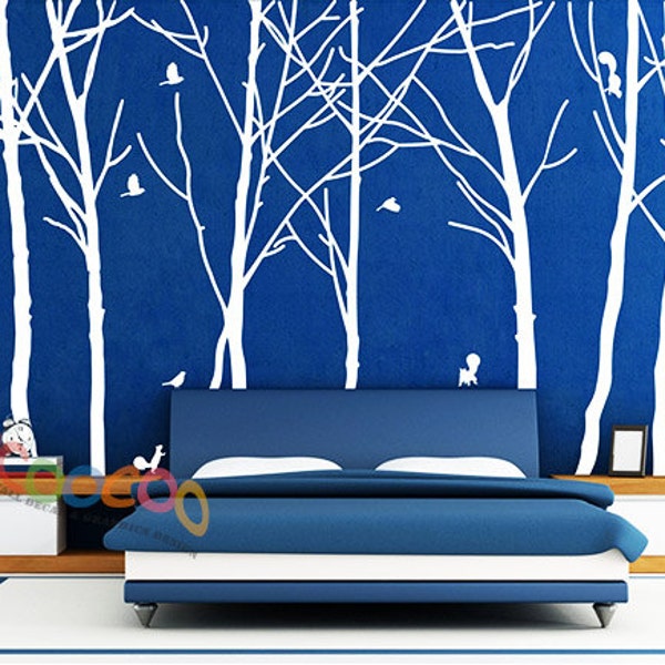 Muursticker, muurstickers, boom muurstickers, muurstickers, verwijderbaar, boom en vogels, gelukkig bos 94 "H * bomen
