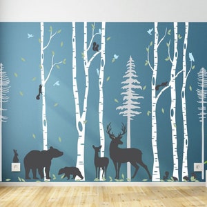 Removable Nursery Birch Tree Forest with Birds fawn buck and bears, squirrels DC0128X