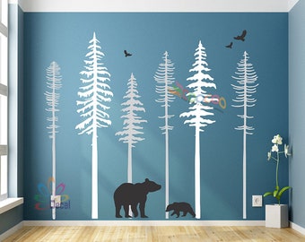 Pine Tree Forest Wall Decals, Forest Mural, Forest Scene Decals, Woodland Wall Decals, Nursery Wall Decal, DC01236 (6 trees)  70"H &80"H