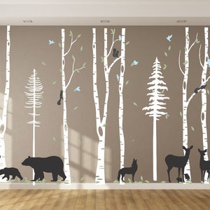 Removable Nursery Birch Tree Forest with Birds fawn buck doe and bears, squirrels DC0128XEp