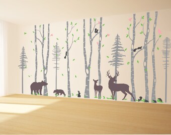 Removable Nursery Birch Tree Forest with Birds fawn buck and bears, squirrels DC0128XE vs Extra trees