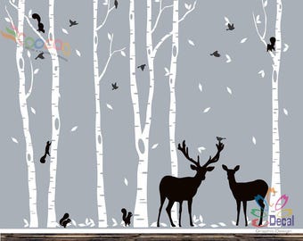 Removable Nursery Birch Tree Forest with Birds and Deer n doe buck and squirrels (6 trees) DC01286