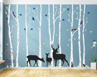 Removable Nursery Birch Tree Forest with Birds fawn doe buck and squirrels (9 trees) DC0128D