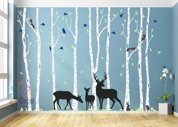 Removable Nursery Birch Tree Forest with Birds and Deer buck and squirrels 9 trees DC0128B