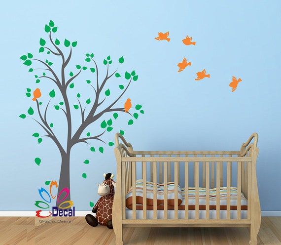 wall decal sticker removable nursery tree fat birds dc126 | etsy