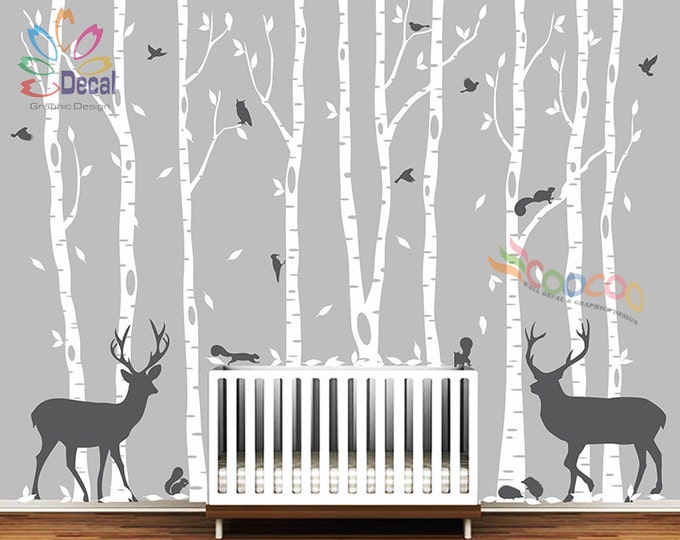 Removable Nursery Birch Tree Forest With Birds and Deer Buck and ...