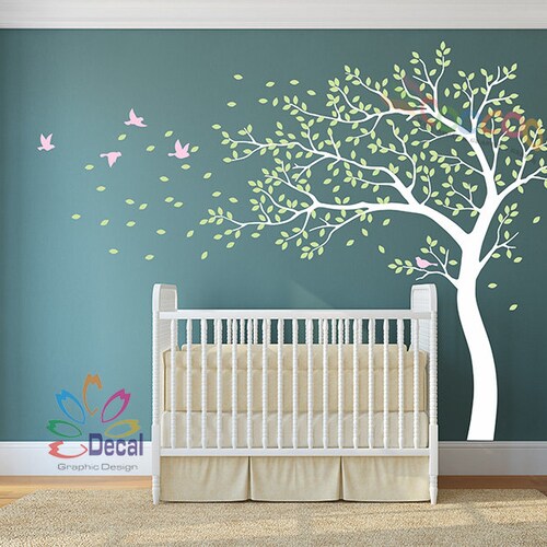 Large Nursery Tree Decals White Tree Wall Sticker With Birds Etsy