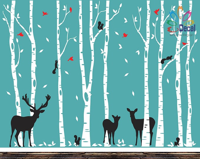 Removable Nursery Birch Tree Forest With Birds and Deer Fawn Doe Buck ...