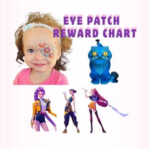 Puede incluir: Una niña con una camiseta rosa y un parche en el ojo con un diseño colorido. La imagen también incluye un gato de dibujos animados azul y tres personajes femeninos animados. El texto "EYE PATCH REWARD CHART" se muestra en morado.