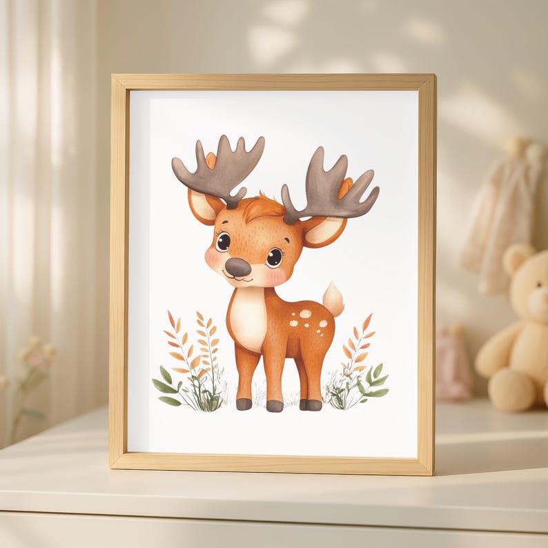Op de afbeelding: Een ingelijste aquarelprint van een cartoon hert met grote geweien. Het hert is bruin met witte vlekken en een witte buik. De achtergrond is wit met groene en oranje bladeren. Het frame is lichtbruin.