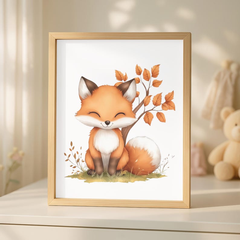 Op de afbeelding: Een ingelijste prent met een lachende cartoonvos met oranje en witte vacht, zittend bij een boom met oranje bladeren. Het kunstwerk staat tegen een witte achtergrond, omlijst door een licht houten frame. Thema: herfstbos.