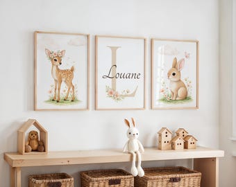 Gepersonaliseerde babynaamposter | Set van 3 aquarelposters met bosdieren | Beige boho babykamerdecoratie | Kinderposter met hert en konijn