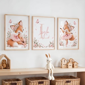 Trio av personliga posters: räv, dansare, ballerina - dekoration till barnrum och babyrum - namnposter med små blommor, flickigt, present till en flicka