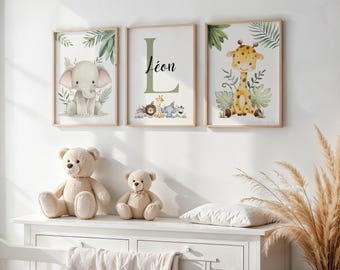 Gepersonaliseerde babynaamposters - jungle-/savannedieren - babykamerdecoratie - decoratieve naamposter