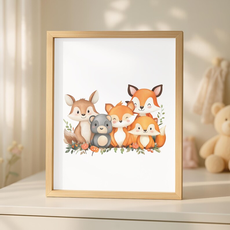 Op de afbeelding: Een ingelijste print met een aquarel illustratie van een familie van vossen en een berenjong. De vossen zijn oranje en bruin, de beer is grijs. Het kunstwerk staat tegen een witte achtergrond, met groen en paddenstoelen aan de onderkant.