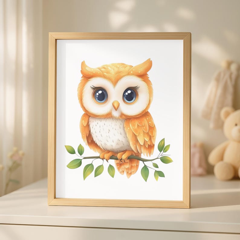 Op de afbeelding: Een ingelijste print met een charmante cartoonuil. De uil heeft oranje en witte veren, grote blauwe ogen en zit op een tak met bladeren. Het kunstwerk is omlijst in licht hout.