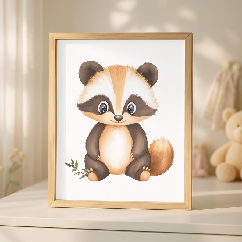 Op de afbeelding: Een ingelijste prent met een aquarelillustratie van een schattige wasbeer. De wasbeer heeft bruine en bruingele vacht, een pluizige staart en zit met een takje bladeren. Het kunstwerk zit in een licht houten frame.