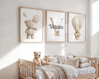 Gepersonaliseerde posters met de naam van een teddybeer en een heteluchtballonontwerp - decoratie voor de baby-/kinderkamer / gepersonaliseerd kraamcadeau / beer