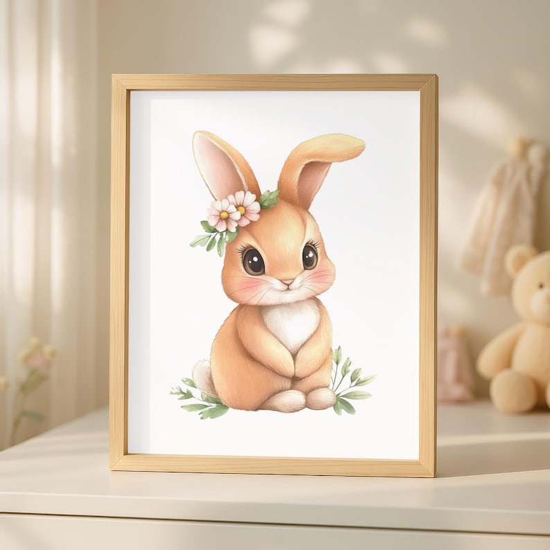 Op de afbeelding: Een ingelijste aquarelprint van een schattig konijn met een bloemenkrans. Het konijn is lichtbruin met een witte buik en roze wangen. Het kunstwerk zit in een licht houten frame, perfect voor een kinderkamer.