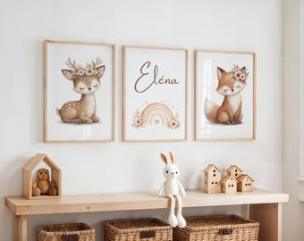 Gepersonaliseerde posters met bosdieren - posters met kindernamen - babykamerdecoratie - gepersonaliseerd verjaardagscadeau - vos