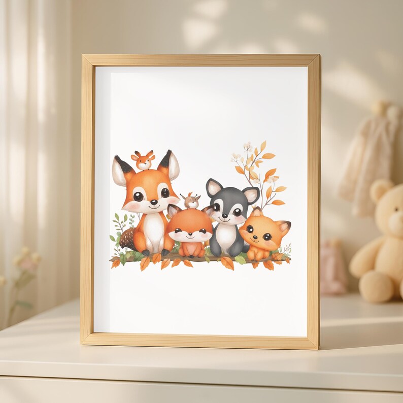 Op de afbeelding: Een ingelijste print met een aquarel illustratie van vijf bosdieren: vossen en een wasbeer. De dieren zijn afgebeeld in een schattige, cartoonachtige stijl, met oranje, bruine en grijze vacht. Het kunstwerk staat tegen een witte achtergrond.