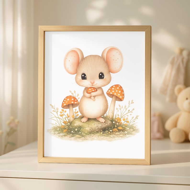 Op de afbeelding: Een ingelijste print met een schattige cartoonmuis die een paddenstoel vasthoudt, omringd door twee oranje paddenstoelen met stippen en groen. Het kunstwerk is in een zachte aquarel stijl. De lijst is gemaakt van lichtkleurig hout.