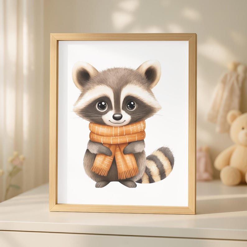 Op de afbeelding: Een ingelijste aquarelprint van een schattige wasbeer met een oranje sjaal. De wasbeer heeft een grijsbruine vacht met een gestreepte staart. Het kunstwerk is gevat in een licht houten frame, ideaal voor een kinderkamer.