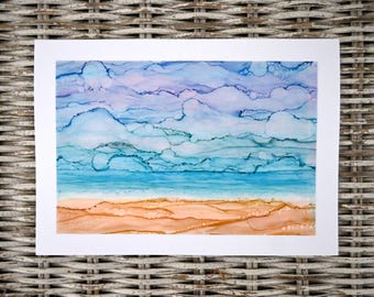Alcohol Ink Beach Scene Greeting Card, Big Sky, Blank Card (5x7)