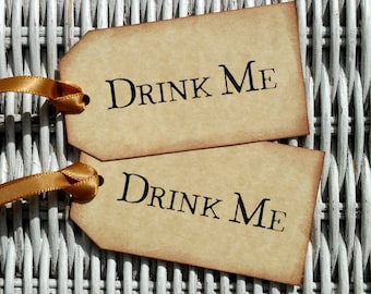 Alice in Wonderland "Drink Me" Tags: Sepia-Inked Party Favors (Set of 12)