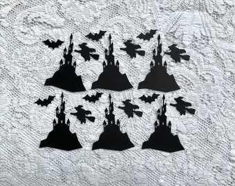 Halloween Die Cuts: Black Cardstock Haunted Castle, Witches, Bats (18 Pieces)