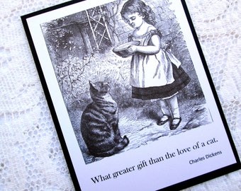 Cat Lover Notecards: Dickens Quote, Girl and Cat Graphic (Set of 4)