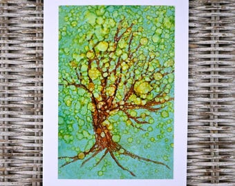Alcohol Ink Apple Tree Card, Fantasy Art Print, Blank Greeting Card