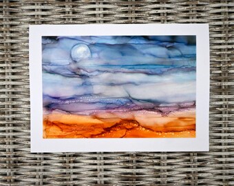 Ocean Full Moon Beach Alcohol Ink Print Greeting Card, Blank Inside