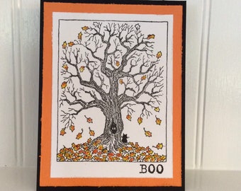 Halloween Greeting Card, Haunted Tree, Black Cat, BOO Halloween Card, Happy Halloween