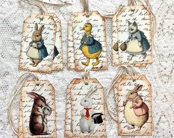 Easter Tags Vintage: Sepia Script, Graphics Fairy Images, Set of 12