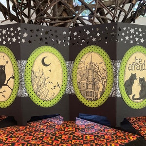 Halloween Card, Standing Screen Card, Owl, Ghost, Haunted House, Bats, Black Cat, Fall Scene