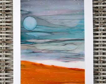Alcohol Ink Moon Over Ocean Card, Blank Greeting Card (5x7)