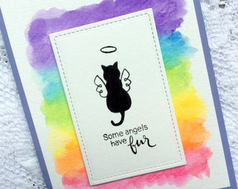Pet Sympathy Card: Rainbow Bridge Watercolor Cat Angel