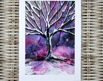 Winter Tree Snow Scene Card, Original Alcohol Ink Art Print